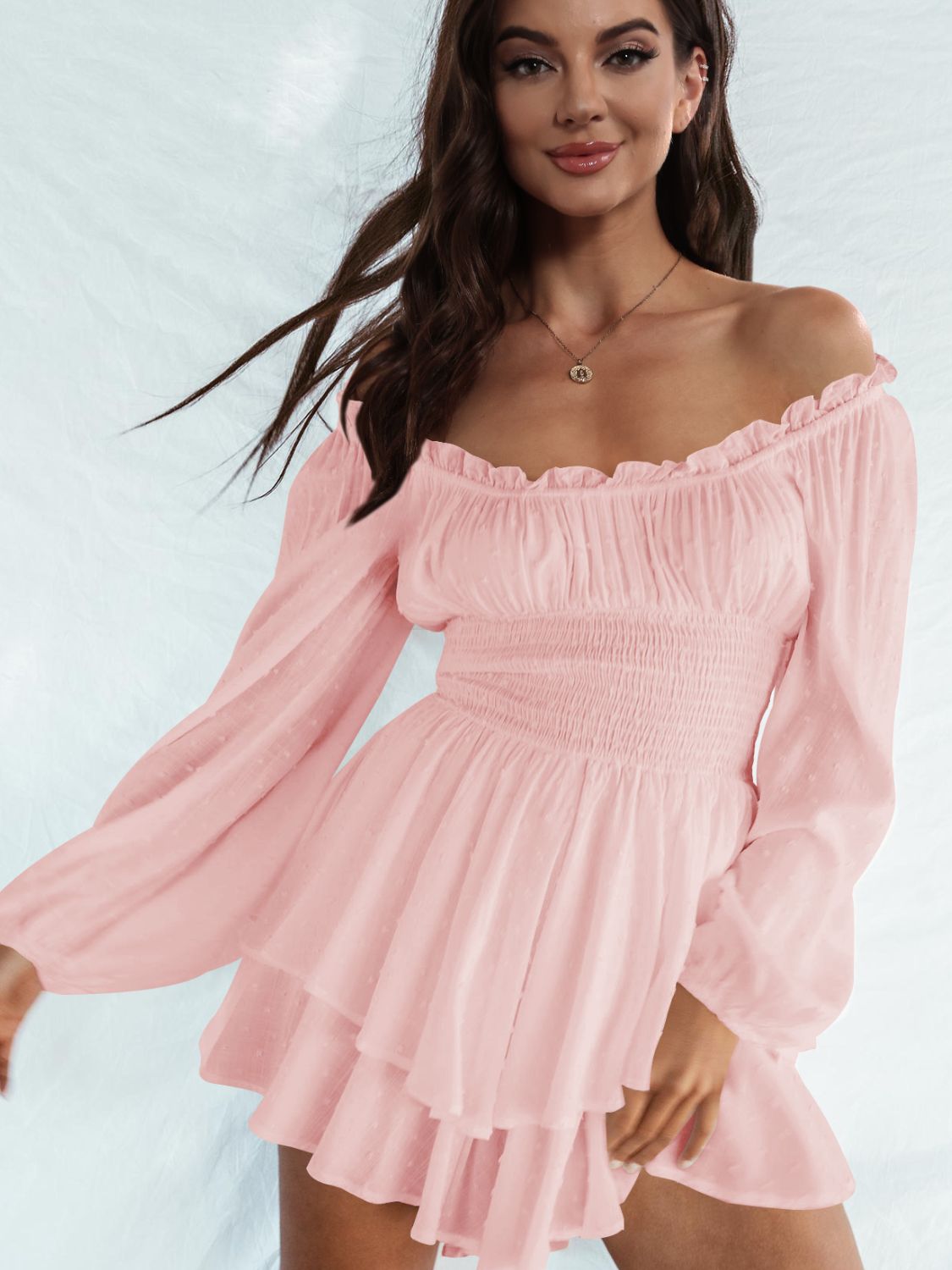 off shoulder smocked waist romper