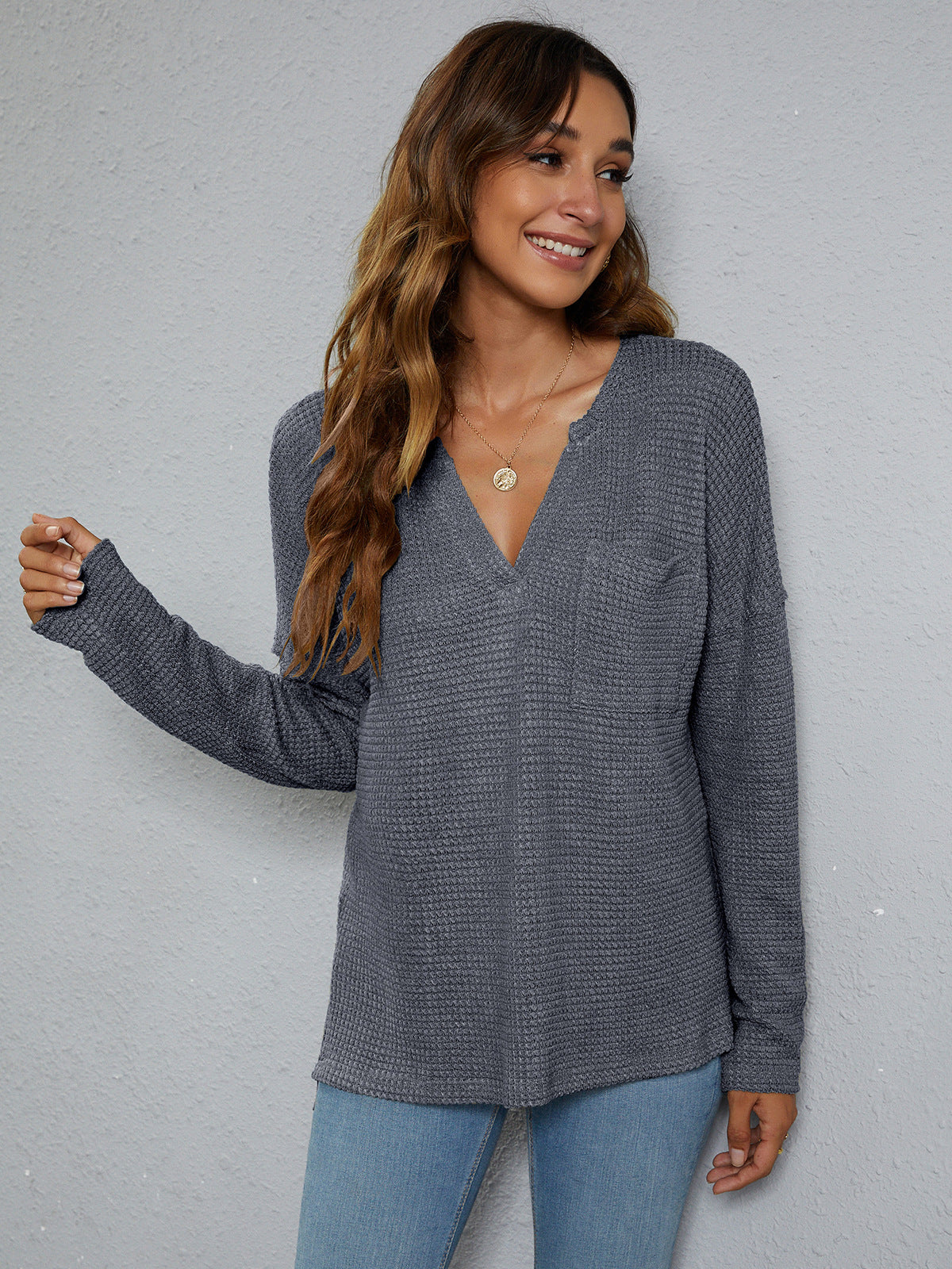 dropped shoulder high-low waffle-knit top