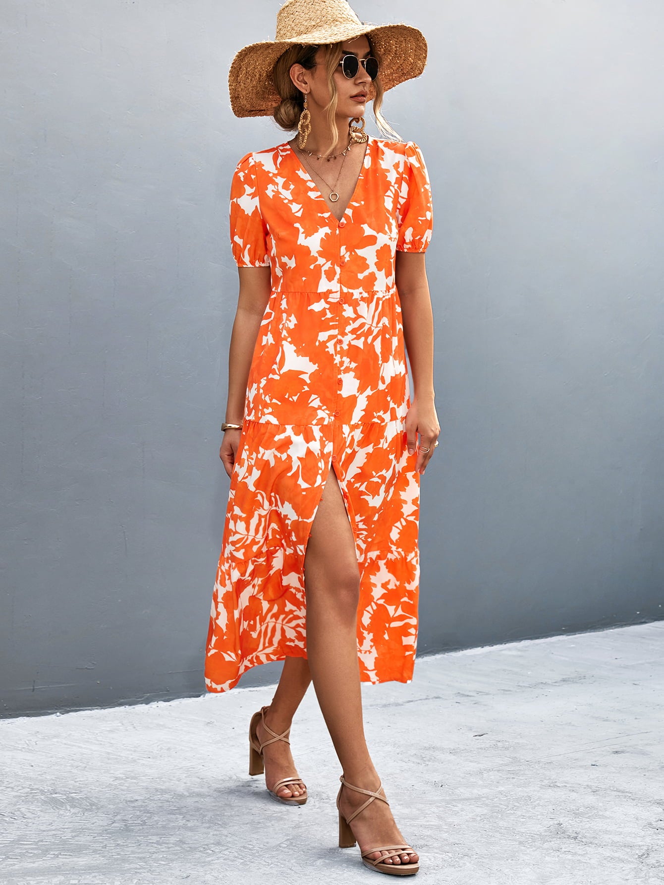 v-neck short sleeve high slit midi dress