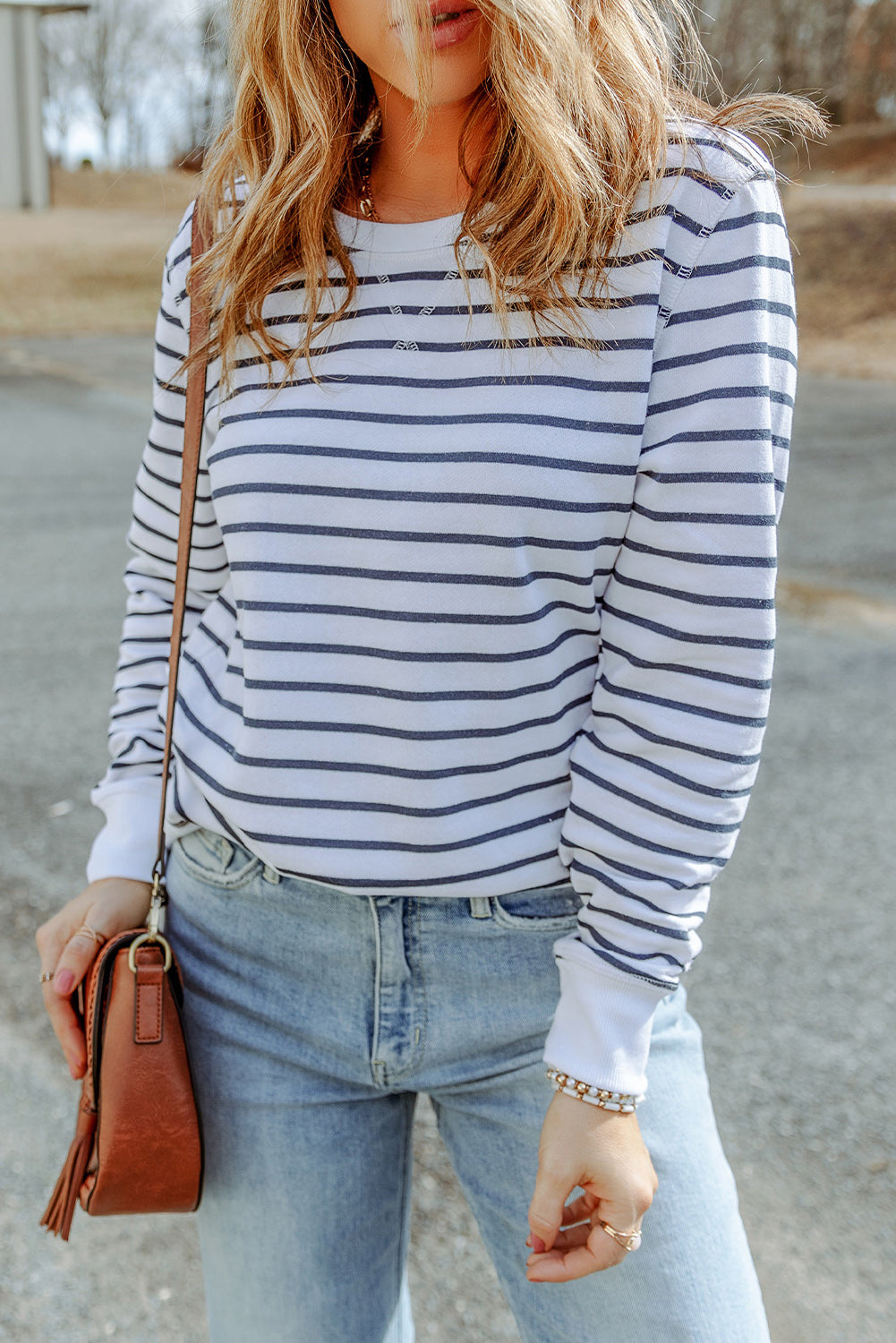 striped long sleeve round neck top