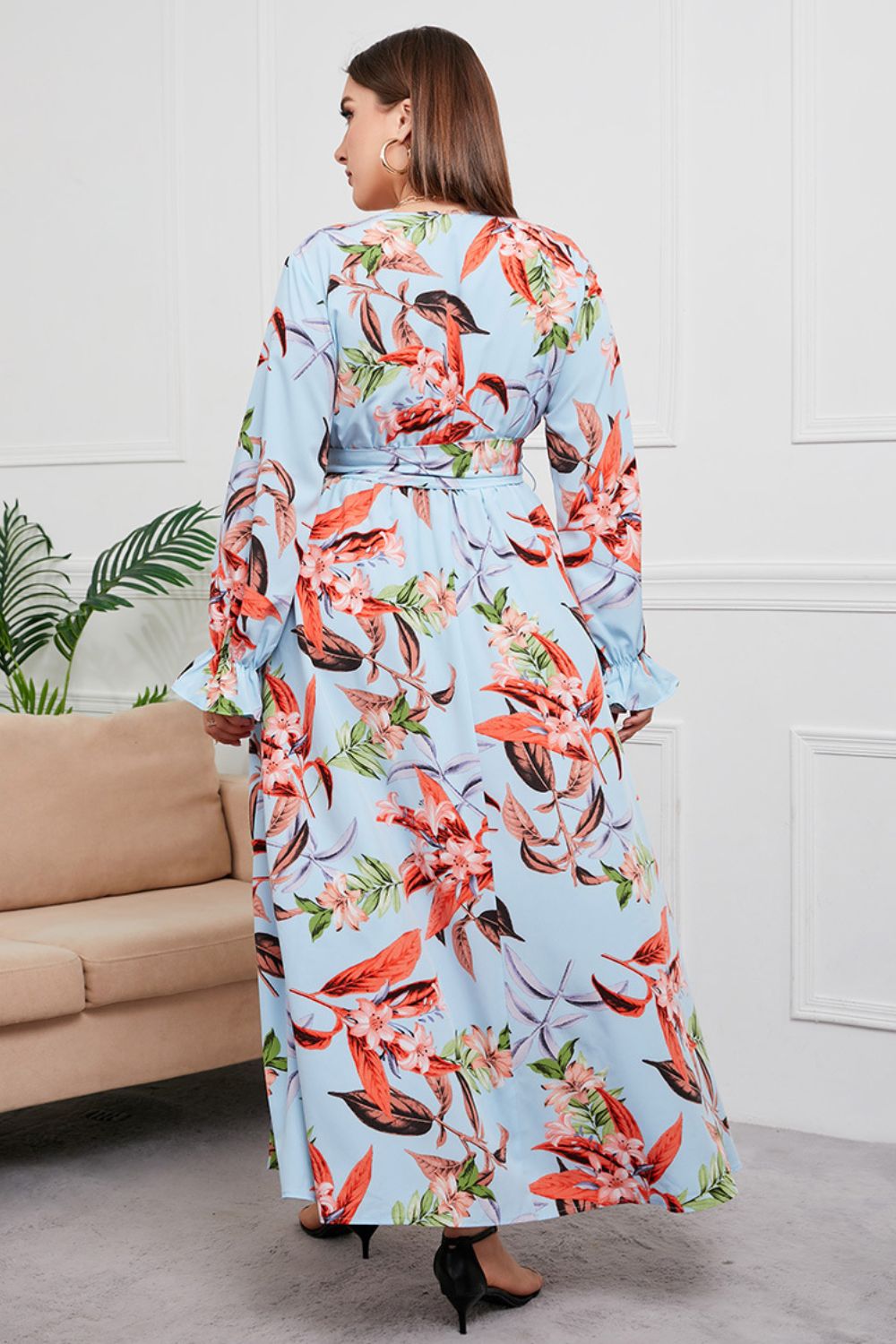 plus size belted surplice flounce sleeve maxi dress