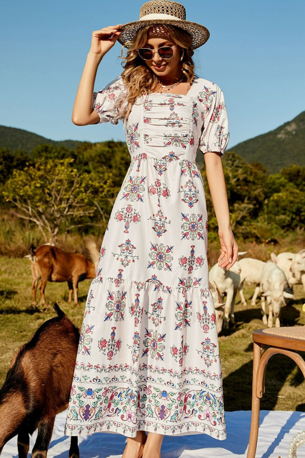 floral ruched puff sleeve tiered maxi dress