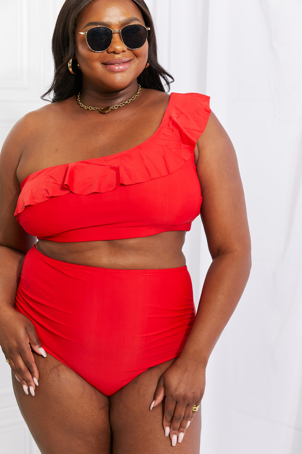 marina west swim seaside romance ruffle one-shoulder bikini in red
