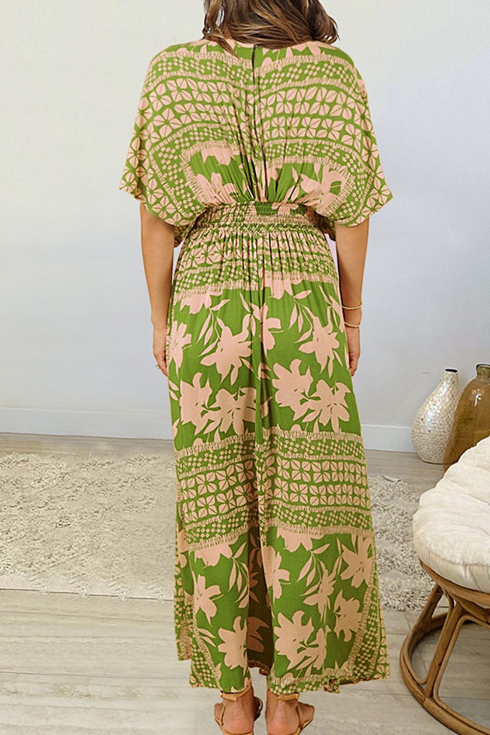 floral deep v dolman sleeve split maxi dress