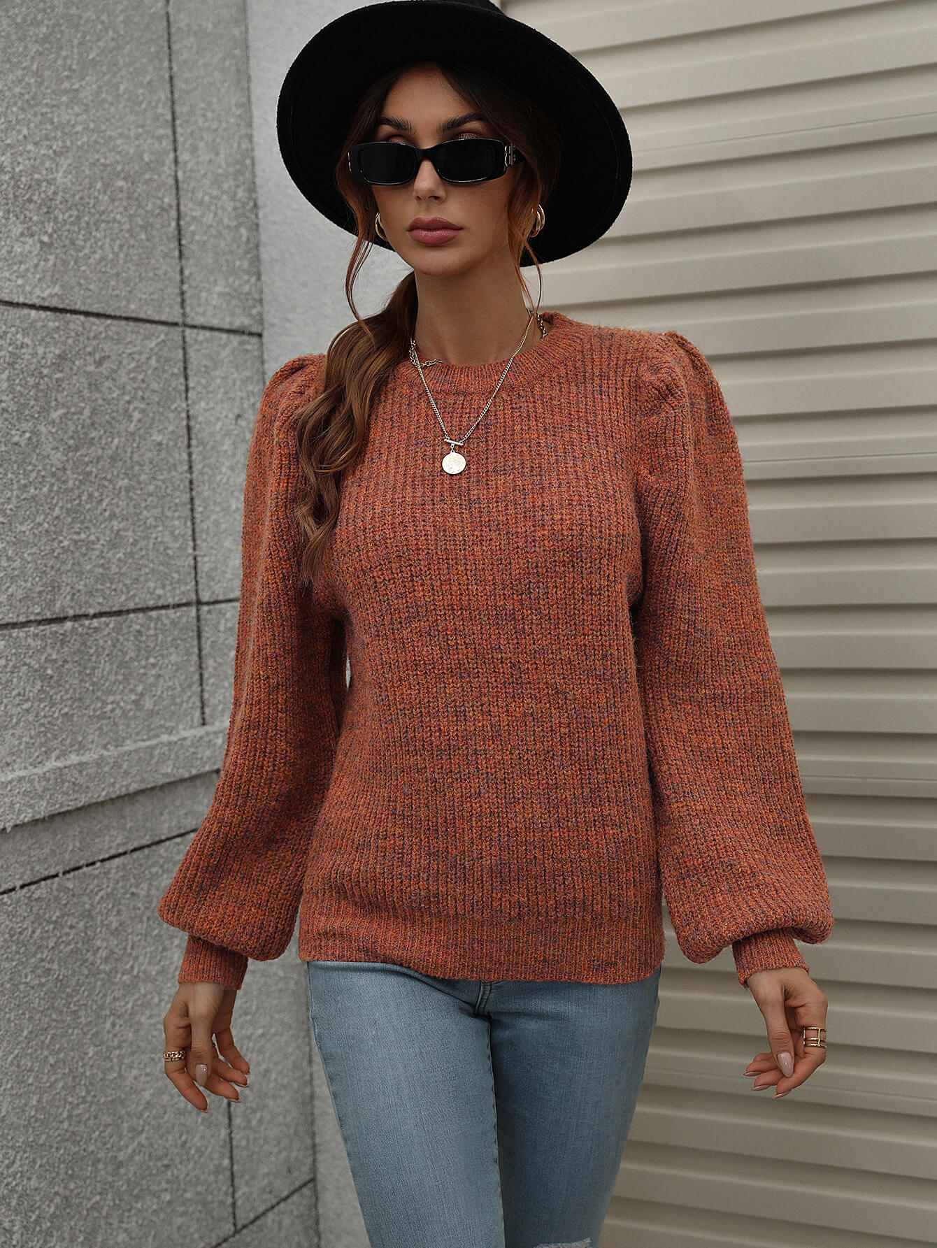 woven right heathered long lantern sleeve rib-knit sweater