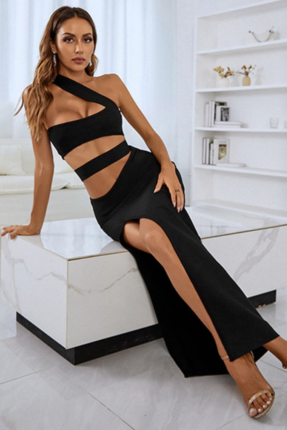 one-shoulder cutout front split maxi dress