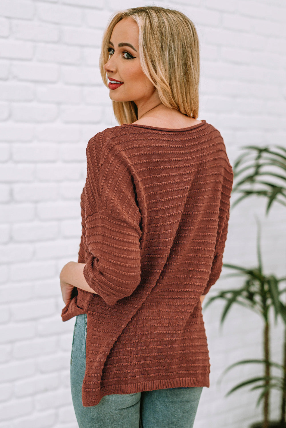 round neck dropped shoulder side slit pullover sweater