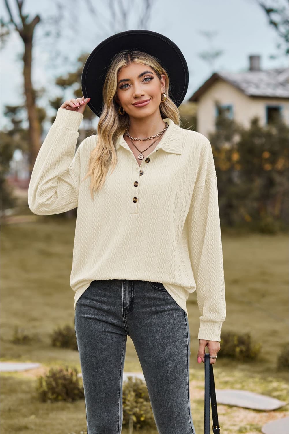 collared neck long sleeve blouse