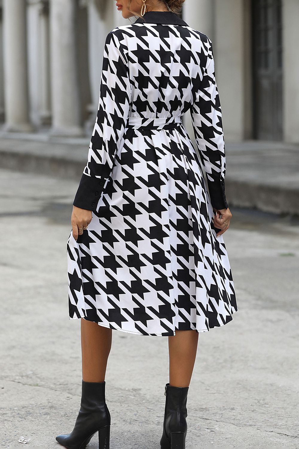 houndstooth johnny collar tie waist dress