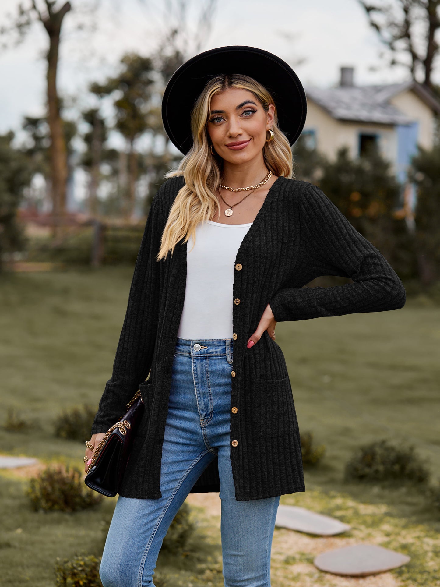 ribbed button-up cardigan with pockets