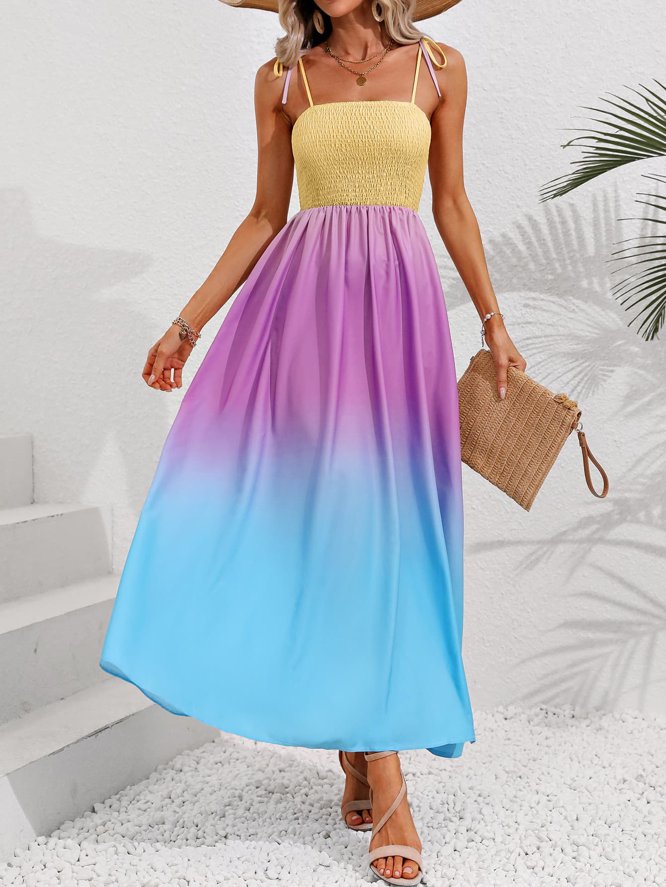 color block tie shoulder smocked maxi dress