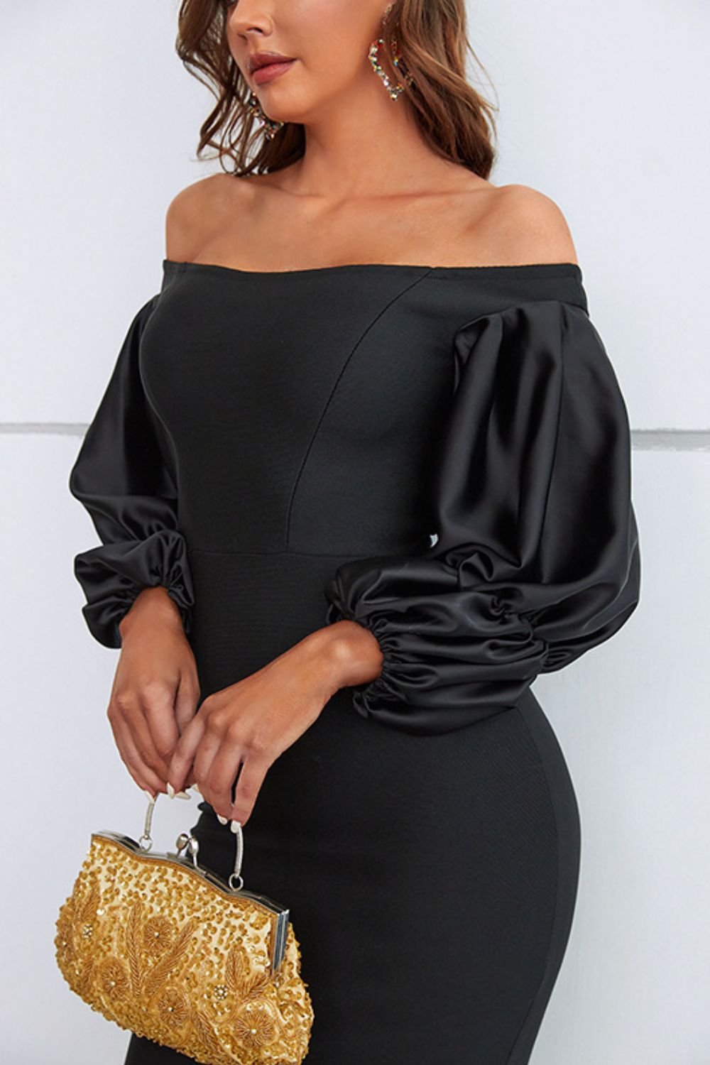 off-shoulder bubble sleeve slit dress