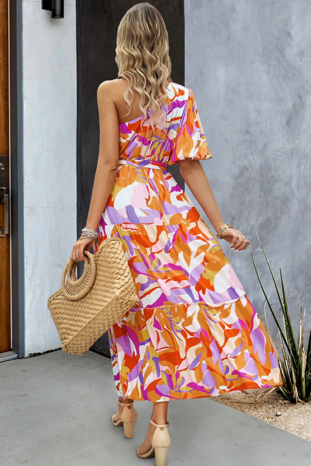 printed one-shoulder tie belt maxi dress