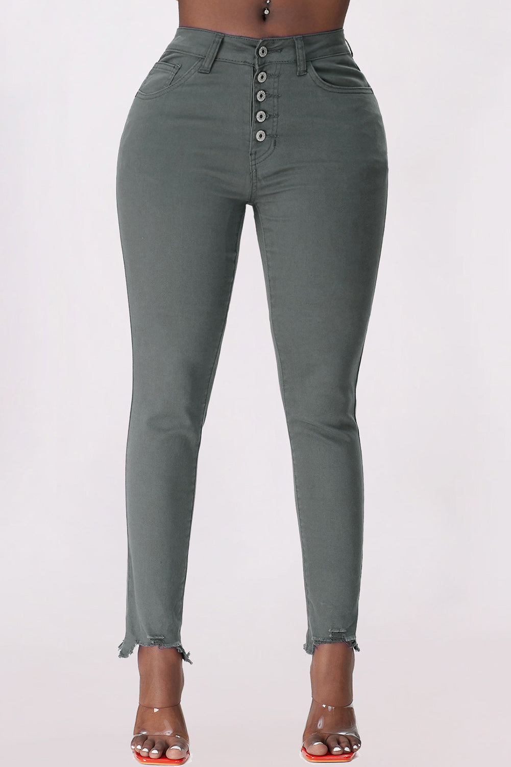 baeful button fly hem detail skinny jeans