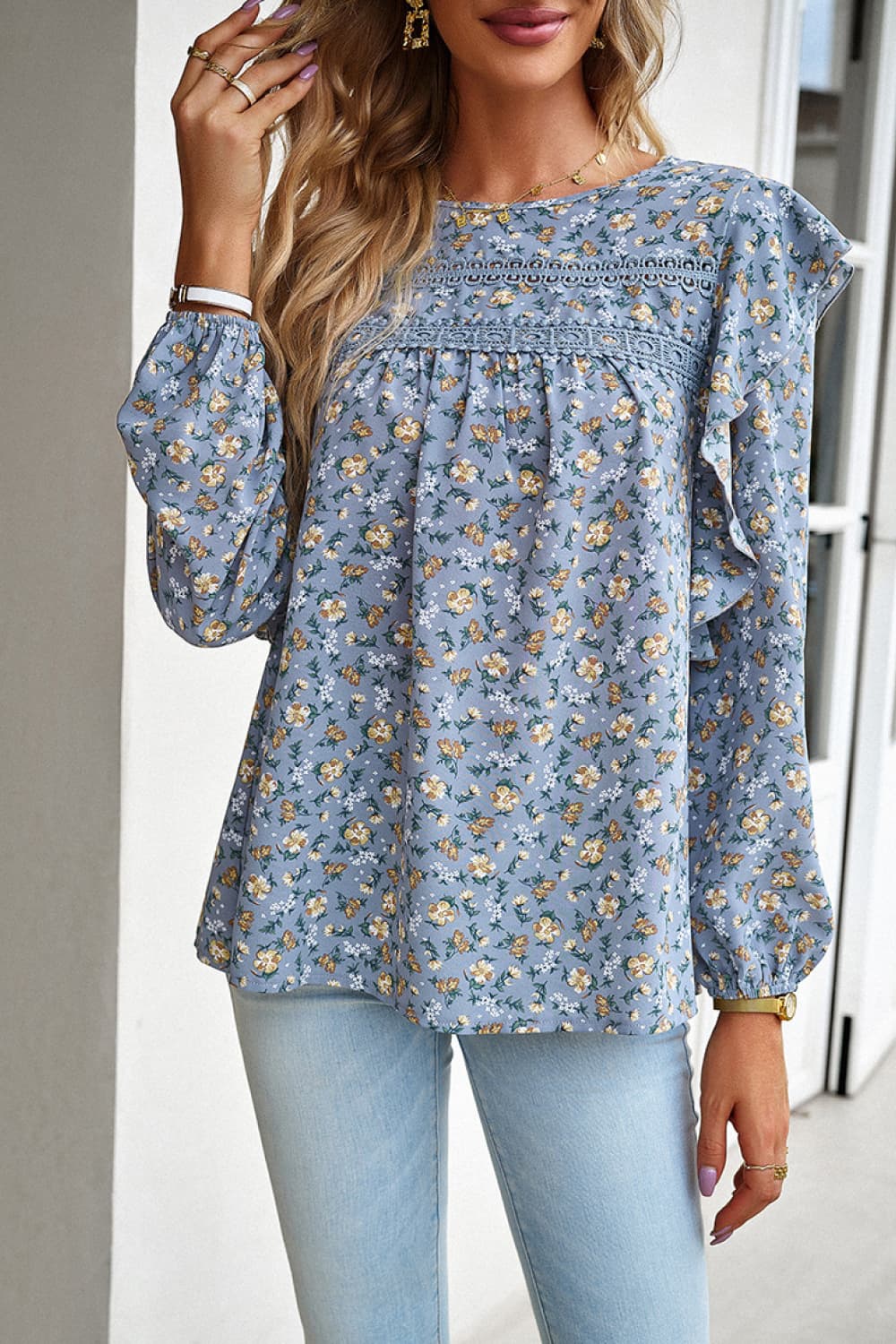 printed round neck long sleeve blouse