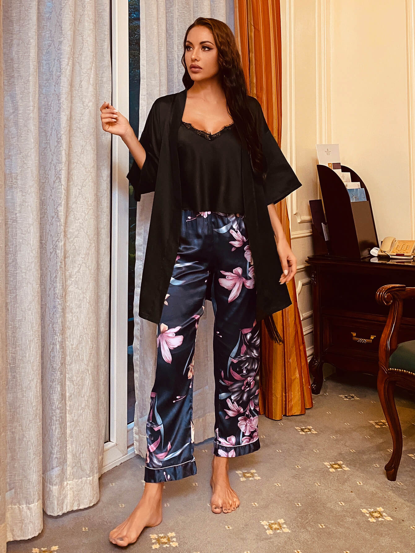 cami, robe, and printed pants pajama set