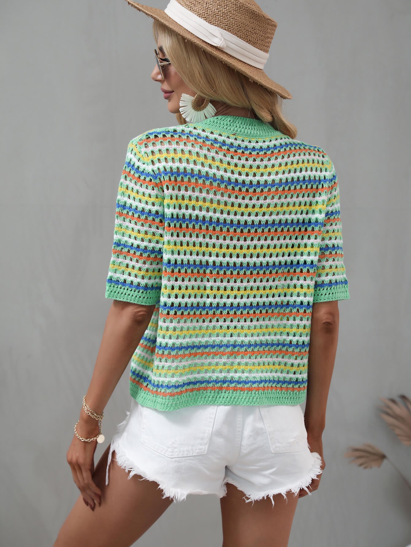 striped openwork half sleeve knit top