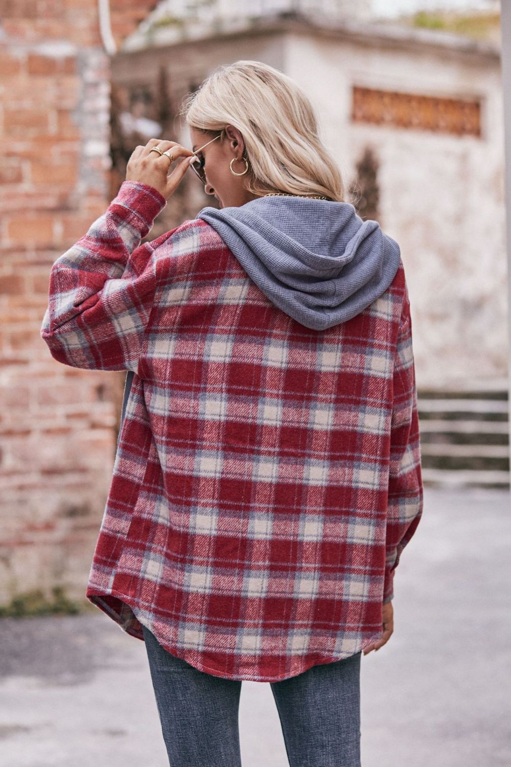 plaid dropped shoulder hooded longline jacket