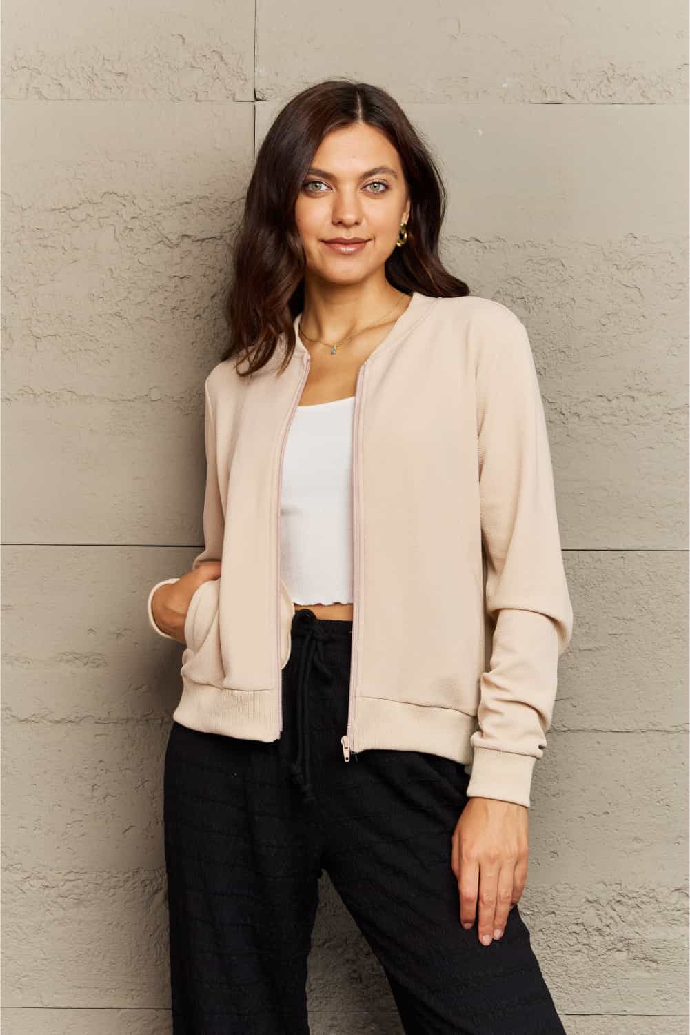 ninexis full size plaid round neck long sleeve jacket