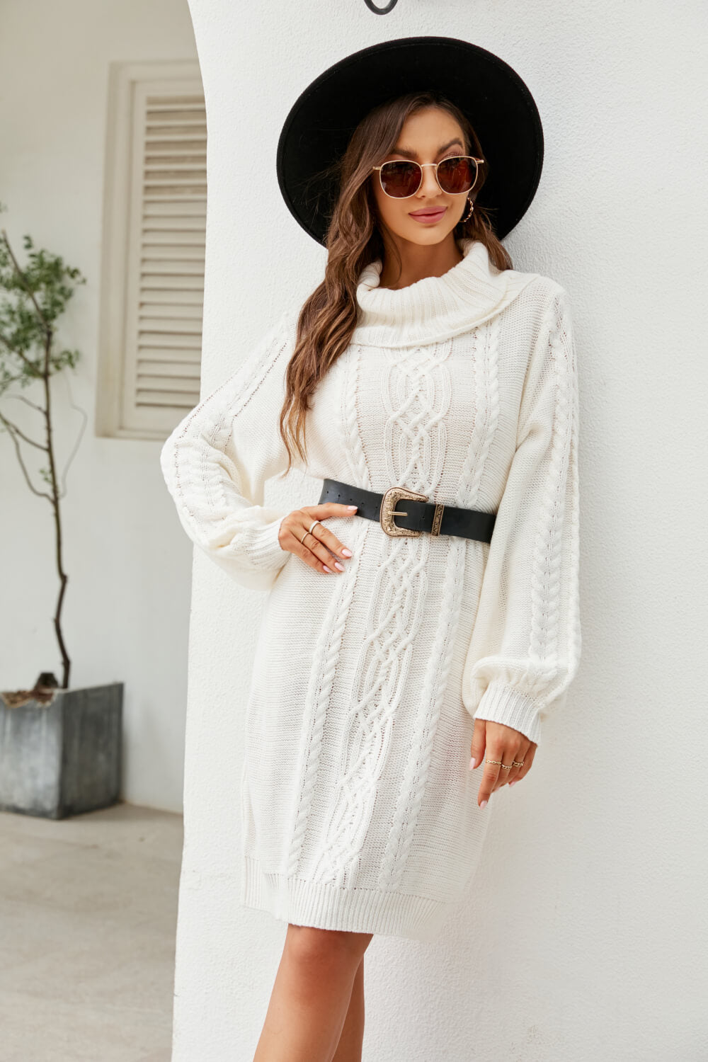 woven right mixed knit turtleneck lantern sleeve sweater dress