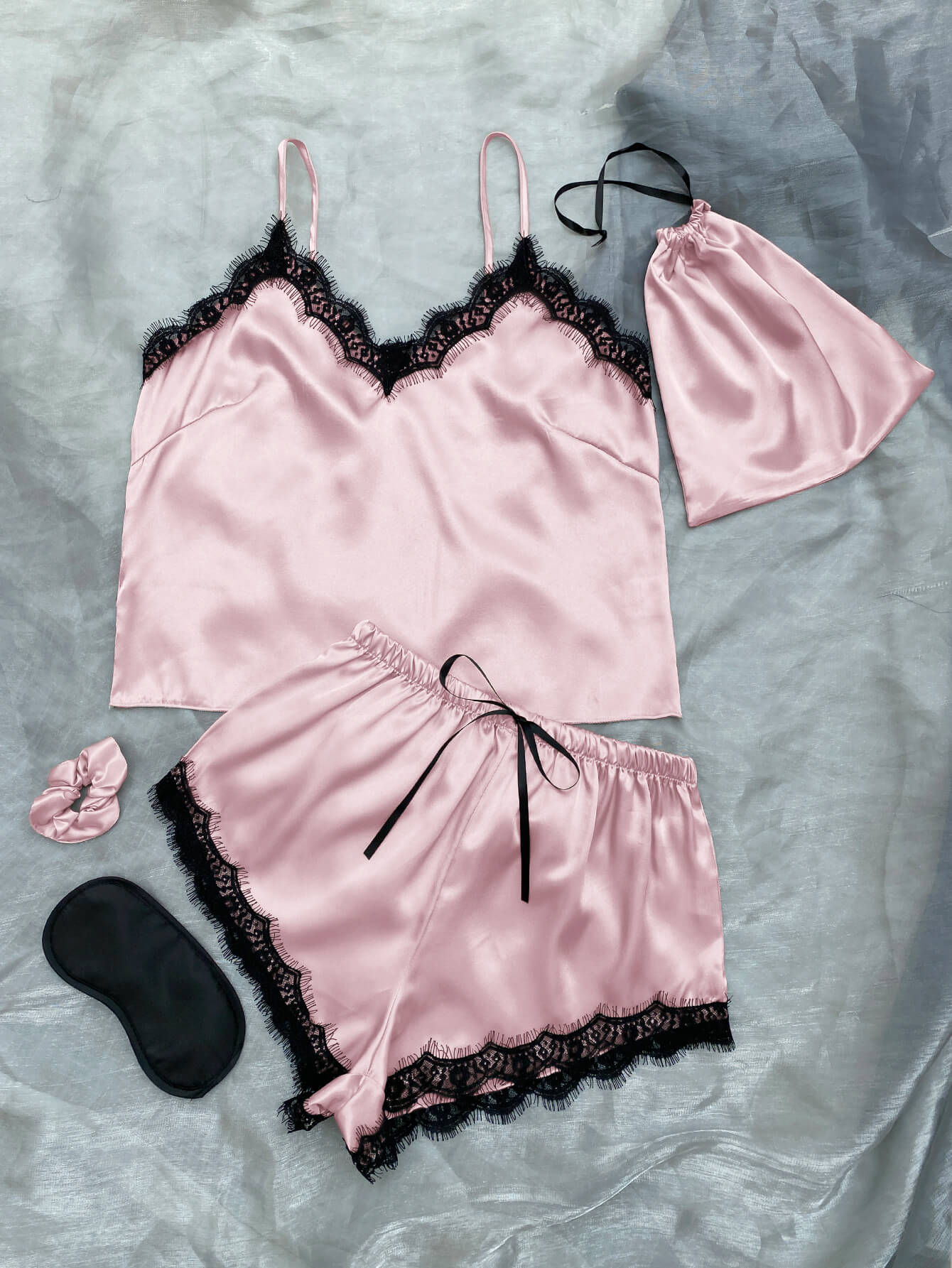 lace trim cami, shorts, eye mask, scrunchie, and bag pajama set