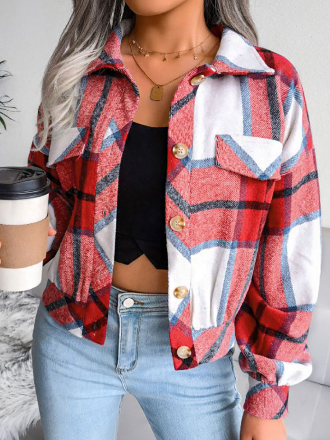 plaid collared neck drop shoulder jacket