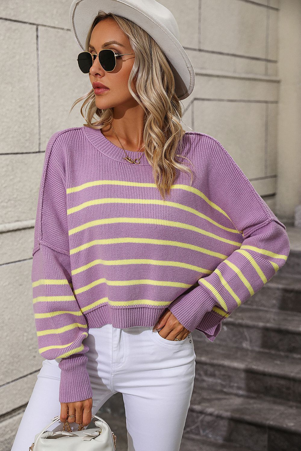 striped dropped shoulder round neck pullover sweater