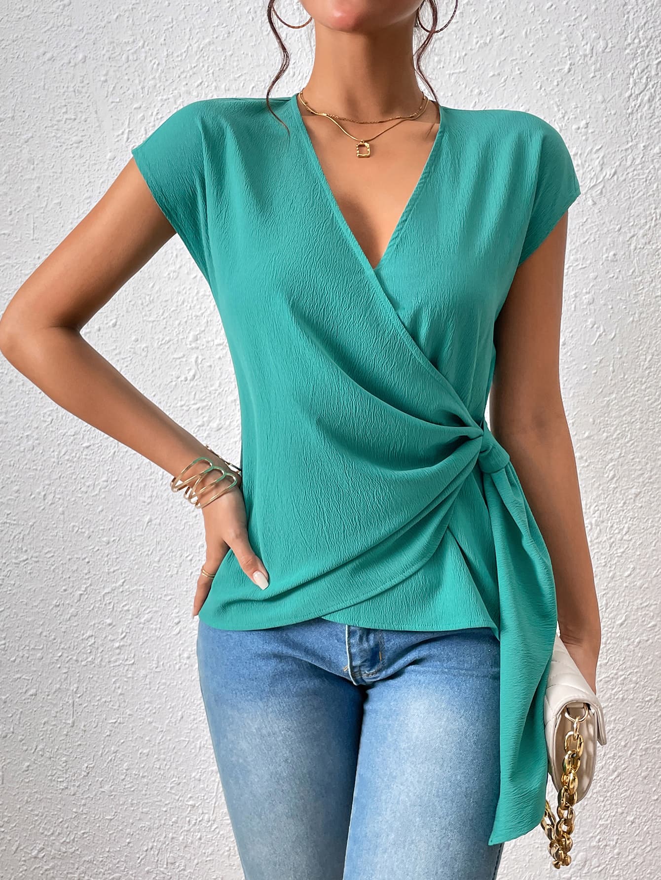 tied surplice neck short sleeve blouse