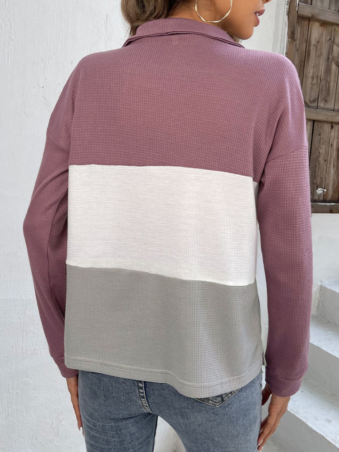 double take color block dropped shoulder waffle-knit zipper front blouse