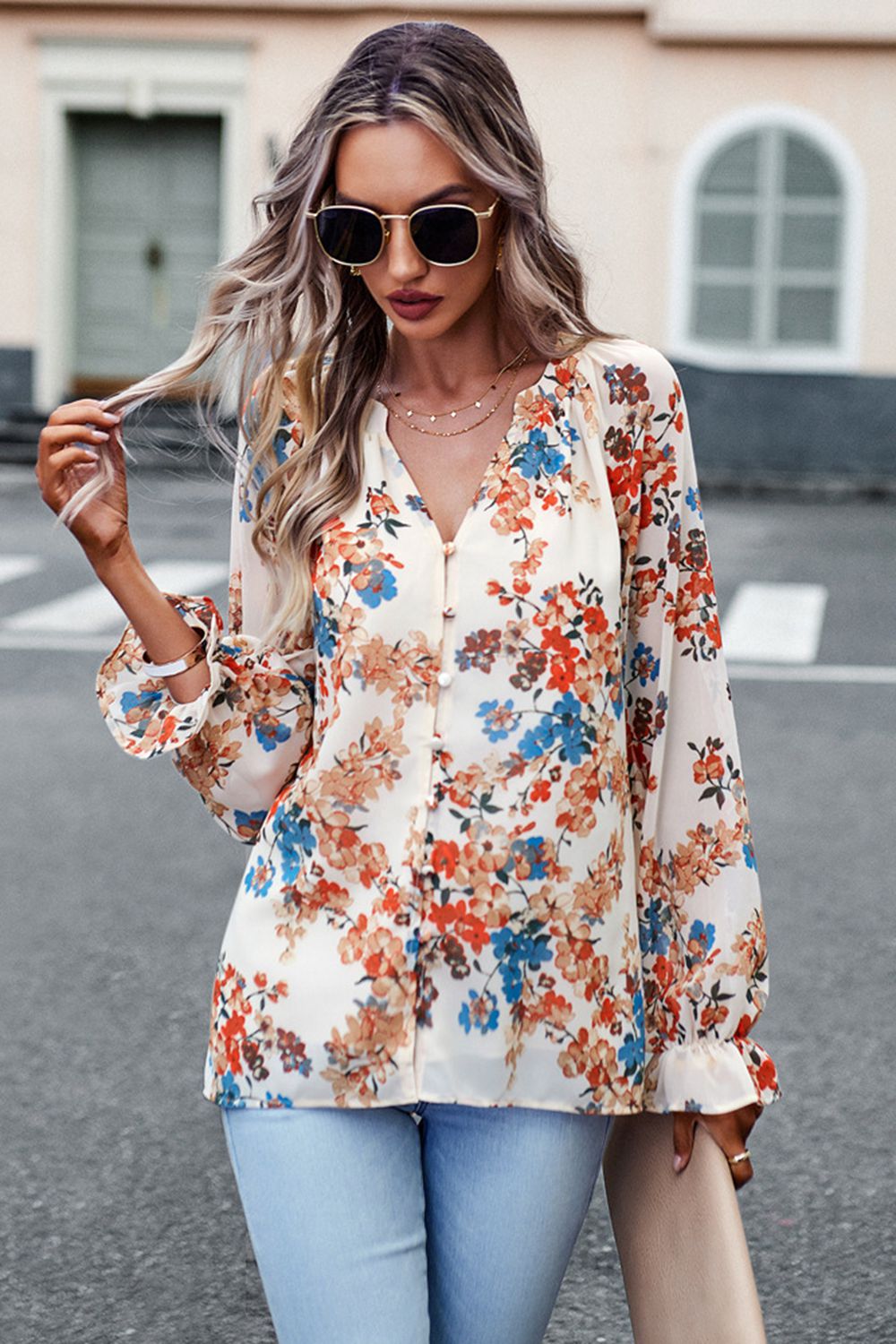 floral print flounce sleeve blouse