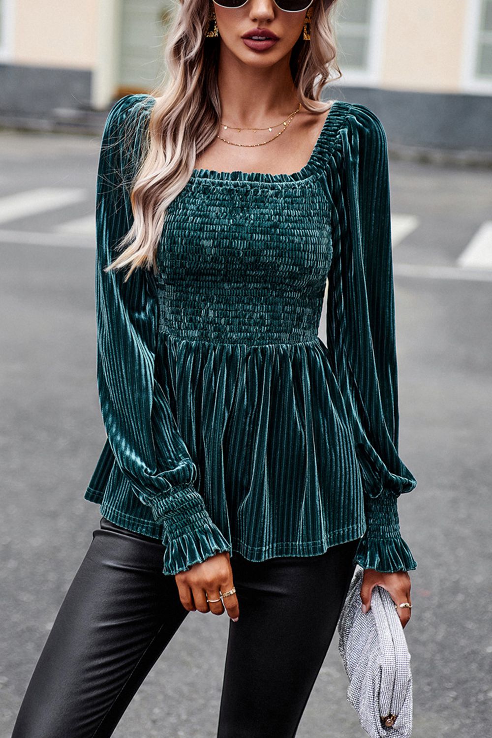 smocked square neck long sleeve blouse