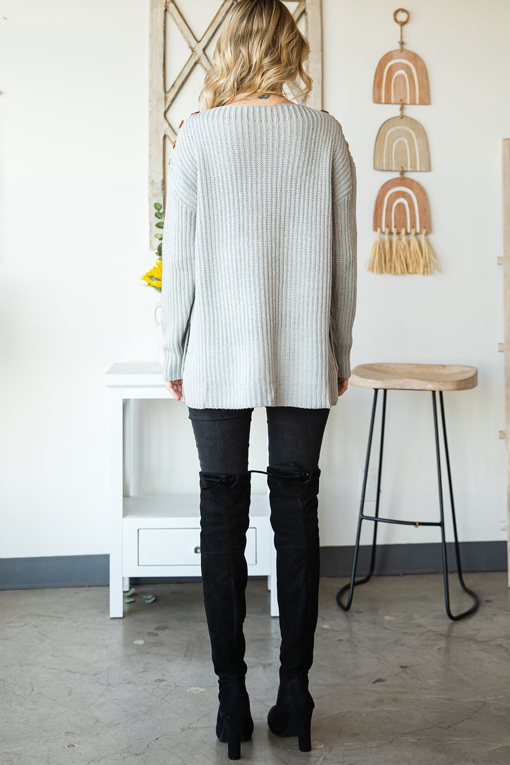 buttoned boat neck slit sweater