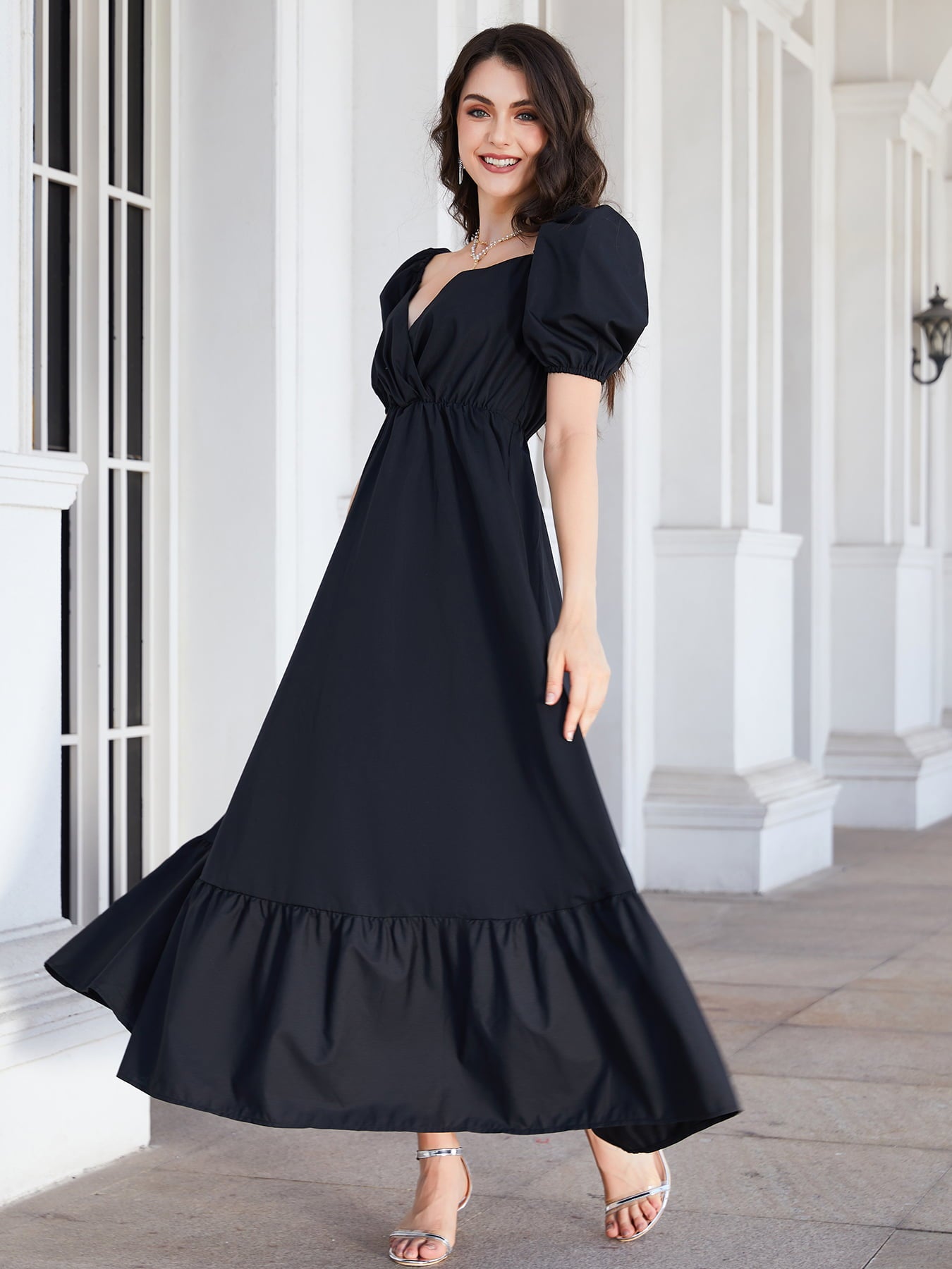 surplice neck ruffle hem balloon sleeve maxi dress