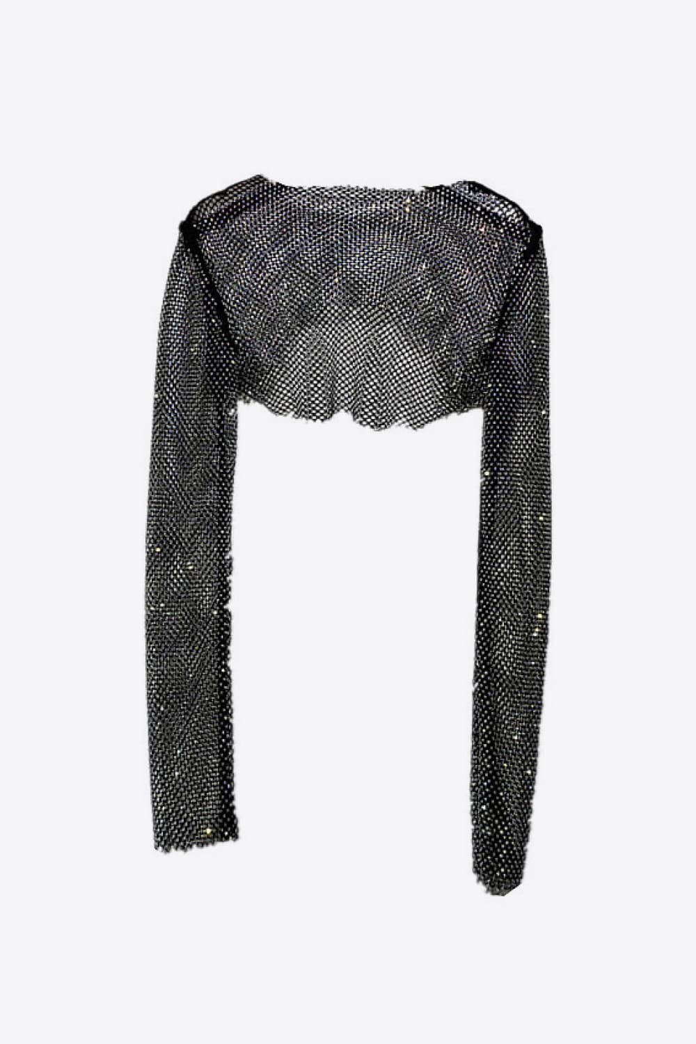 rhinestone openwork long sleeve cropped top