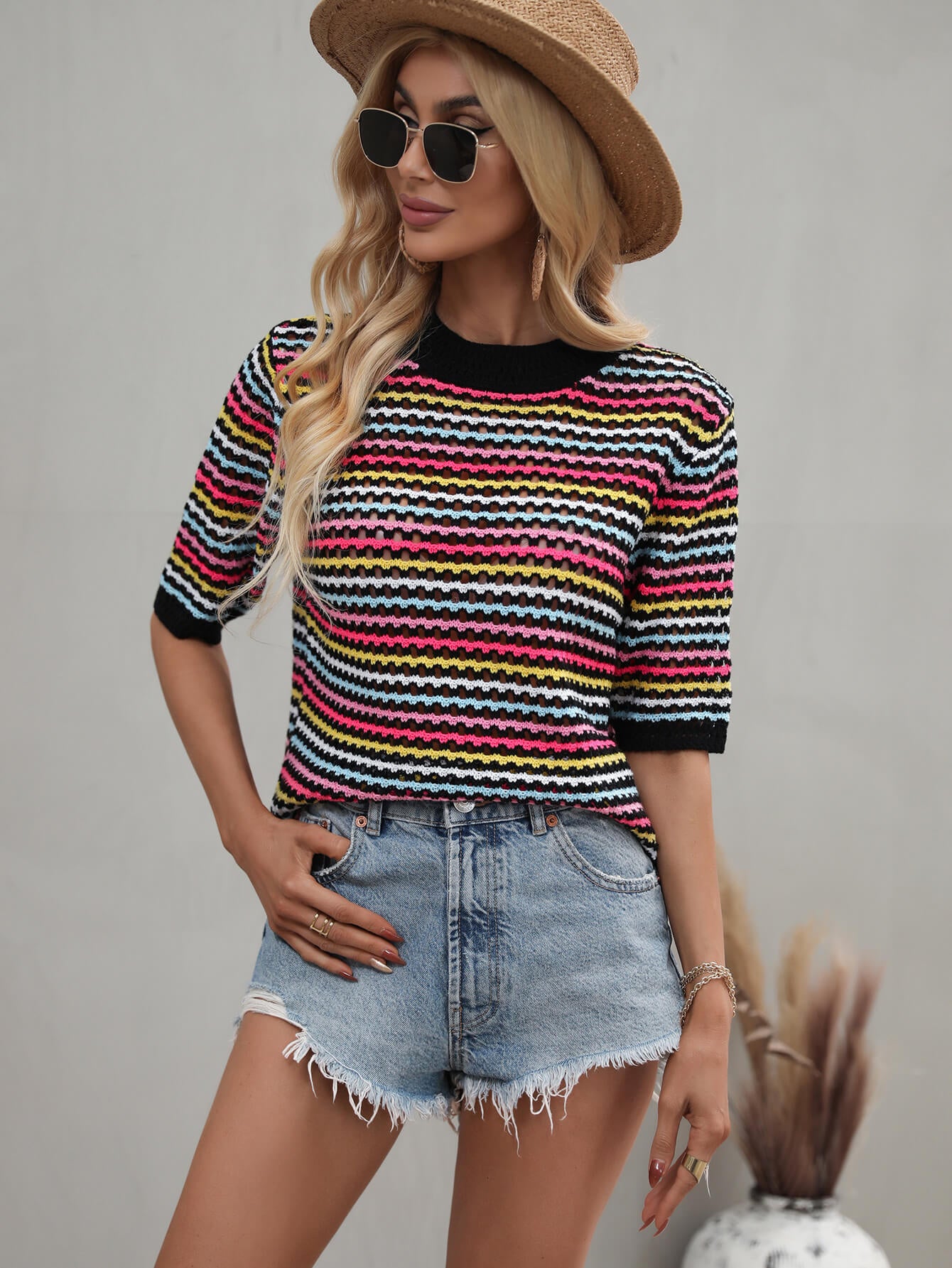 striped openwork half sleeve knit top