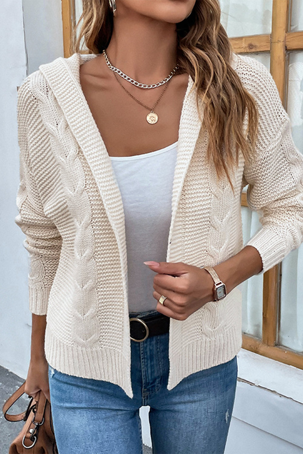 cable-knit dropped shoulder hooded cardigan