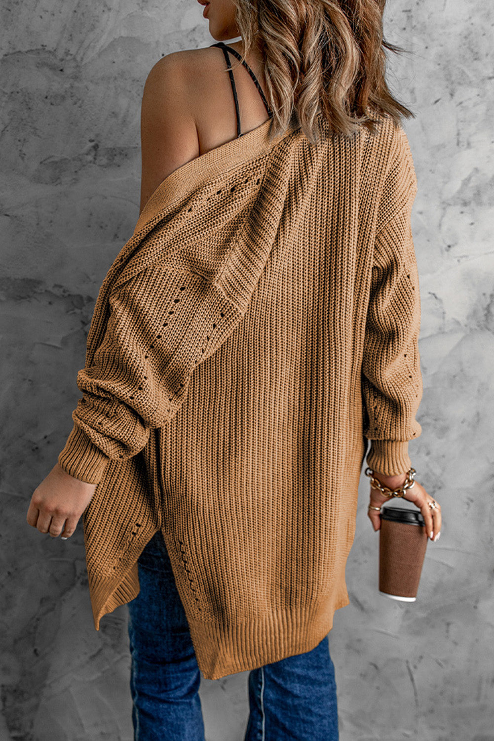 woven right openwork rib-knit slit cardigan