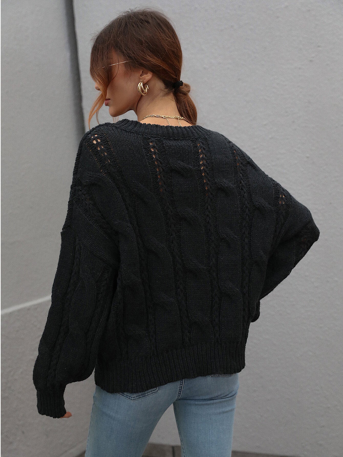 woven right cable-knit openwork round neck sweater