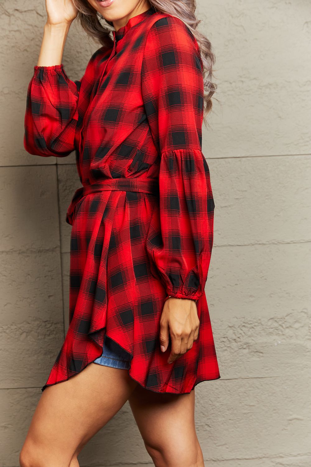 plaid tie waist balloon sleeve mini dress