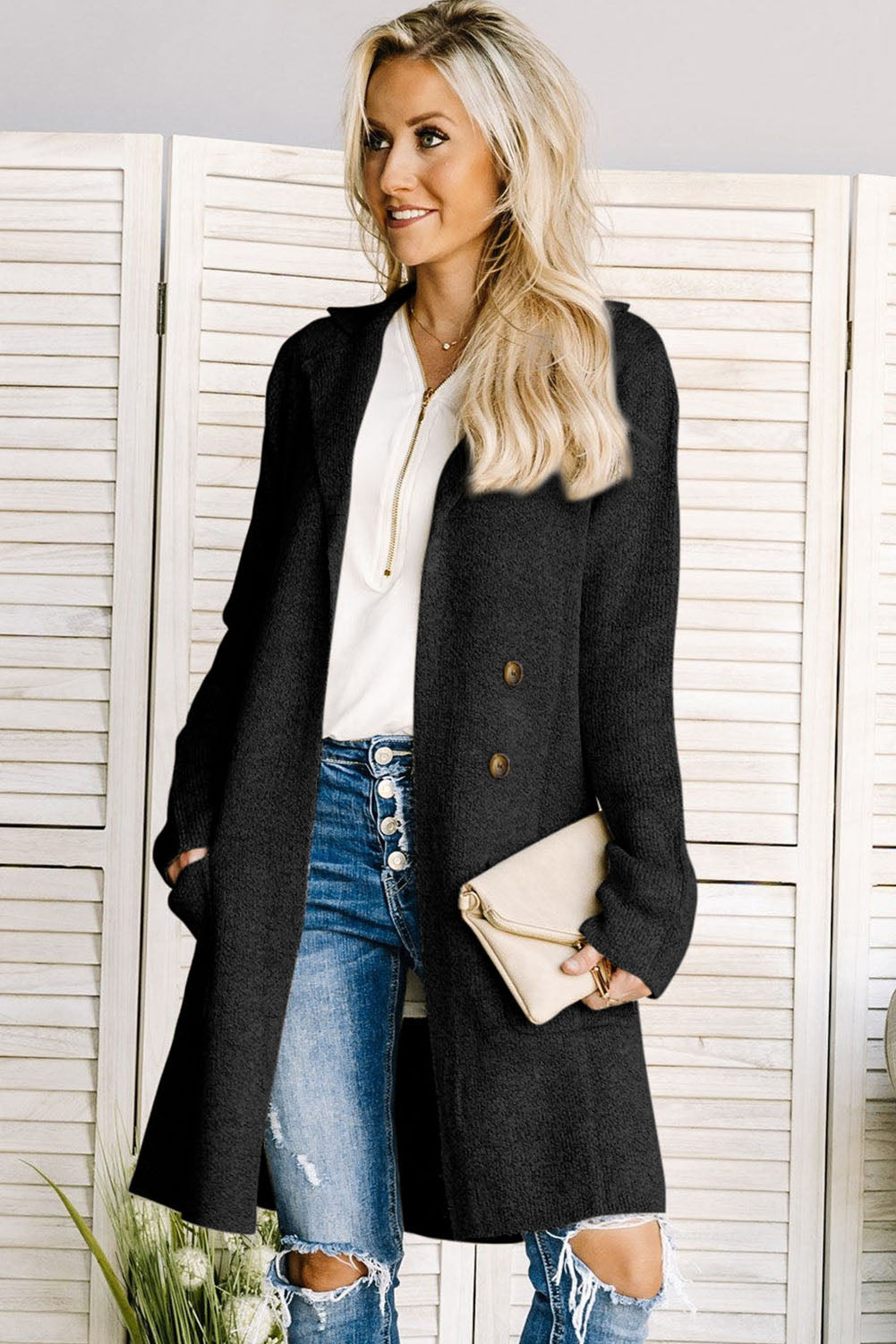 lapel collar open front cardigan