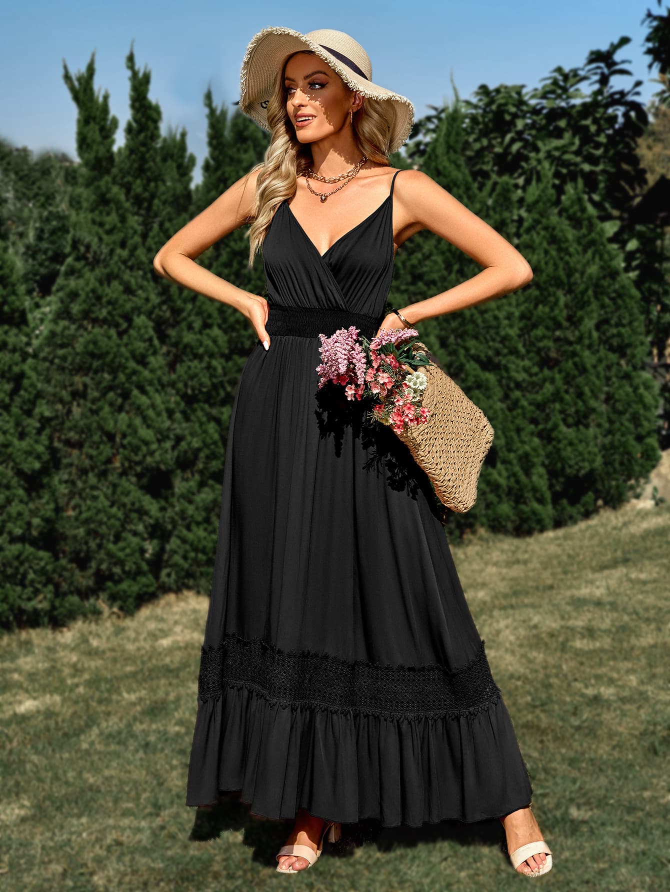 spaghetti strap smocked waist spliced lace dress