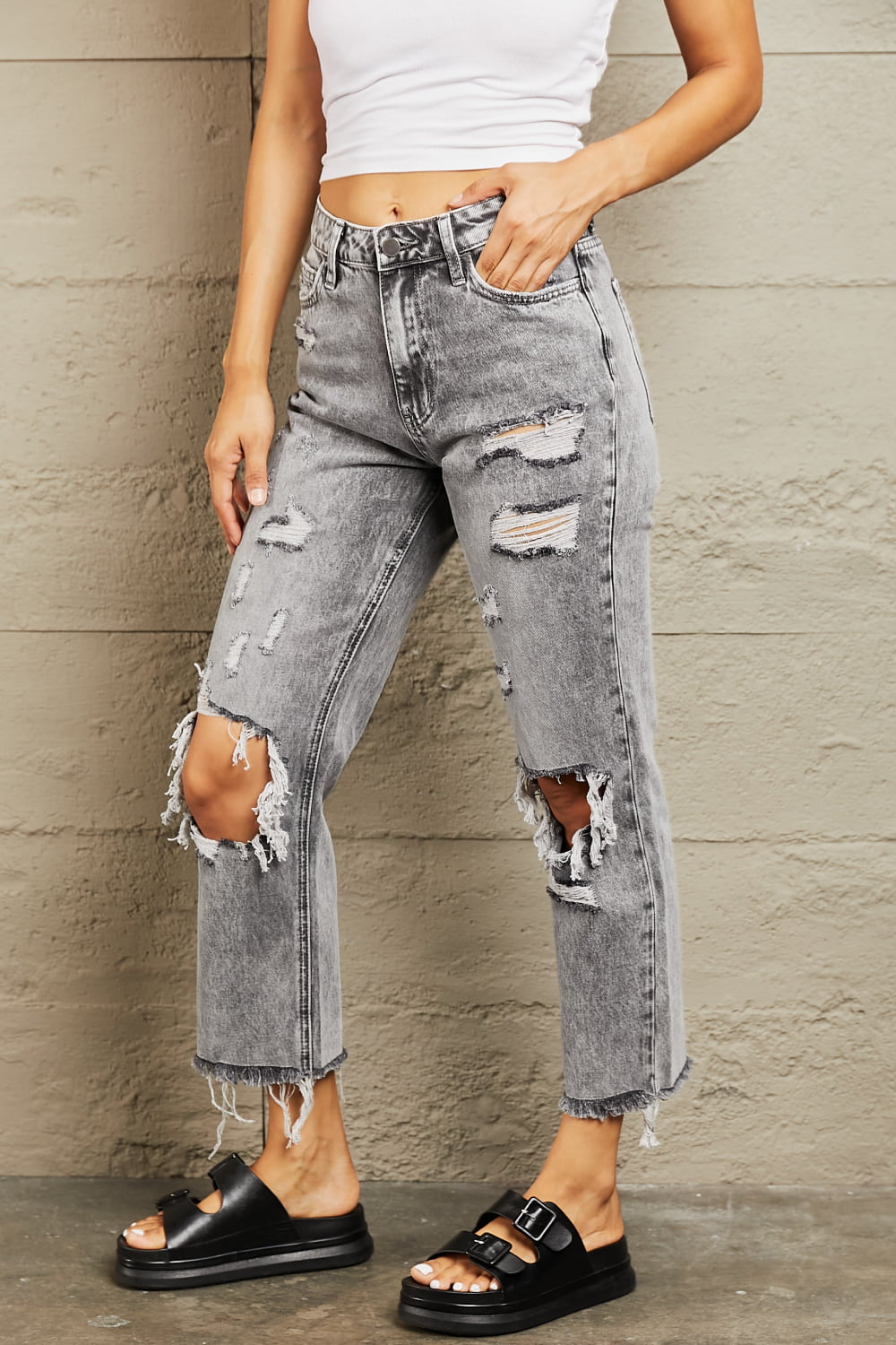 bayeas acid wash distressed straight jeans