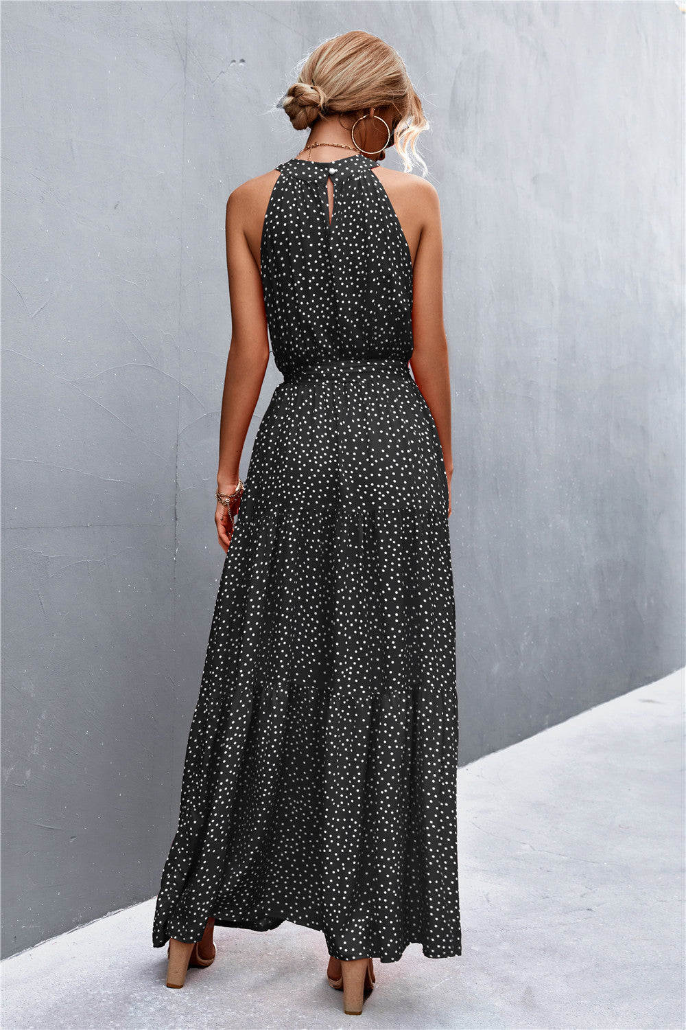 printed sleeveless tie waist maxi dress