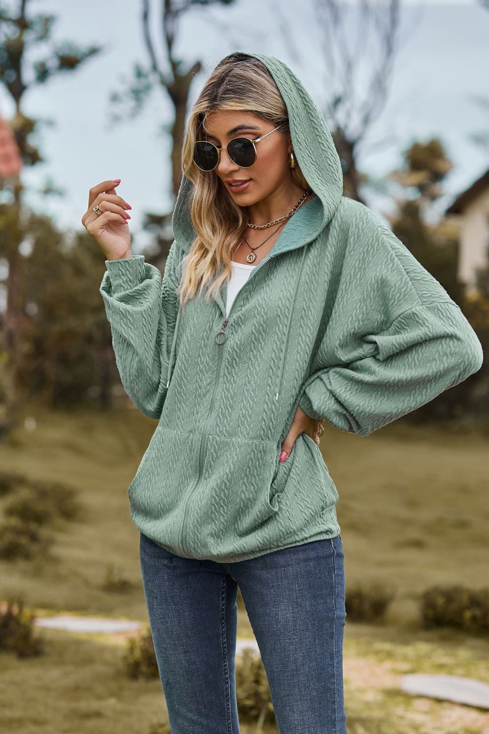 cable-knit long sleeve hooded jacket