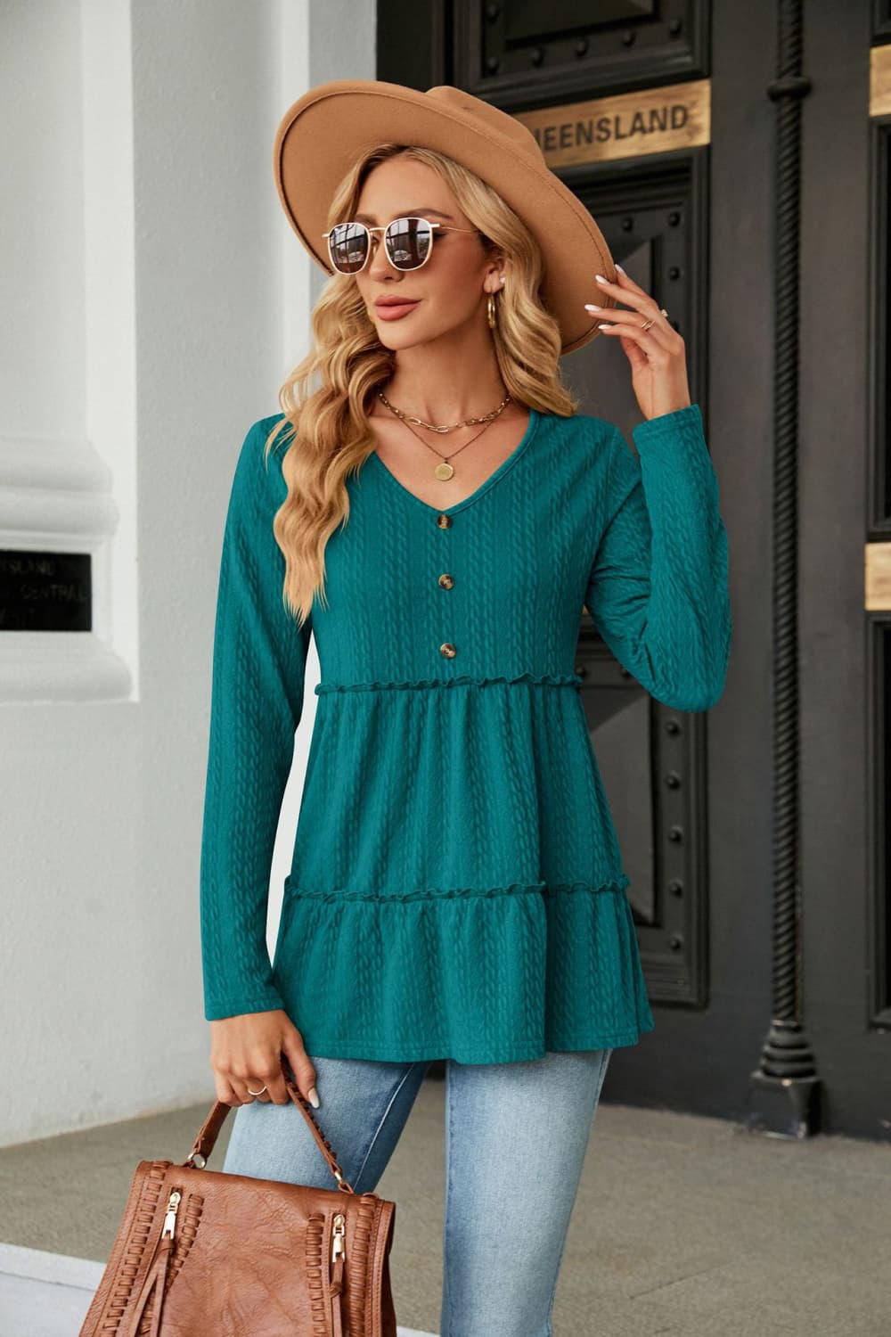 long sleeve v-neck cable-knit blouse