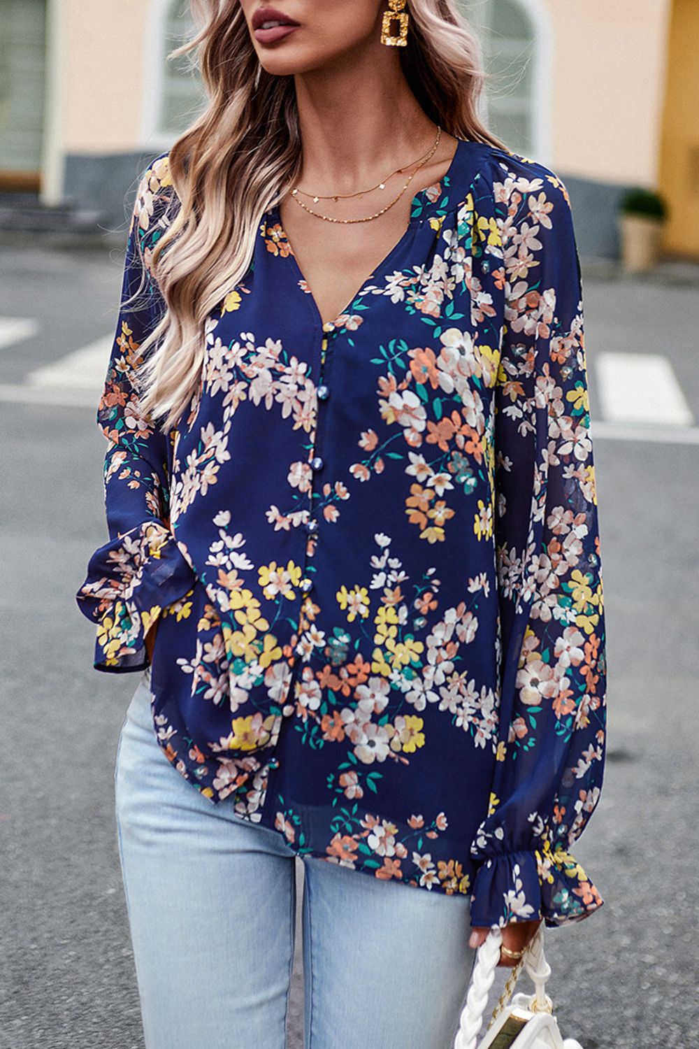 floral print flounce sleeve blouse