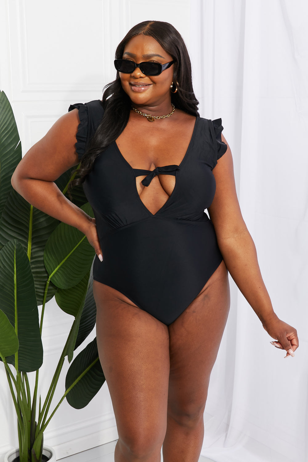 marina west swim seashell ruffle sleeve one-piece in black