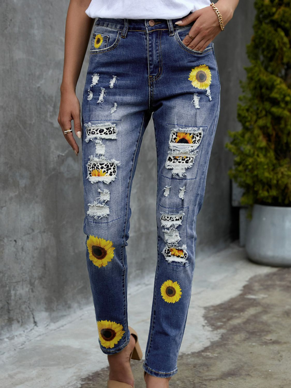 leopard patchwork sunflower print distressed high waist jeans