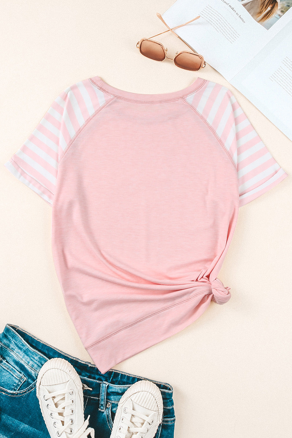 striped round neck raglan sleeve tee