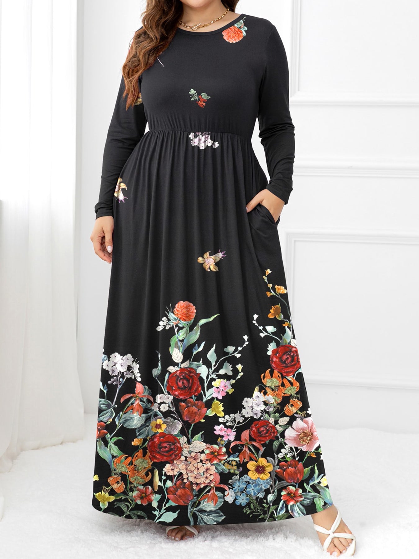 plus size round neck maxi dress with pockets